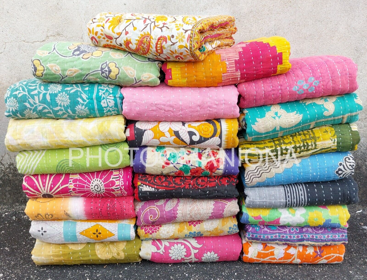Indian Handmade Quilt Vintage Kantha Bedspread Throw Cotton Blanket Gudari Ralli