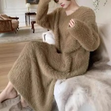 Womens Fluffy Faux Fur V Neck Long Sleeves Over Knee Warm Knitted Sweater Dress