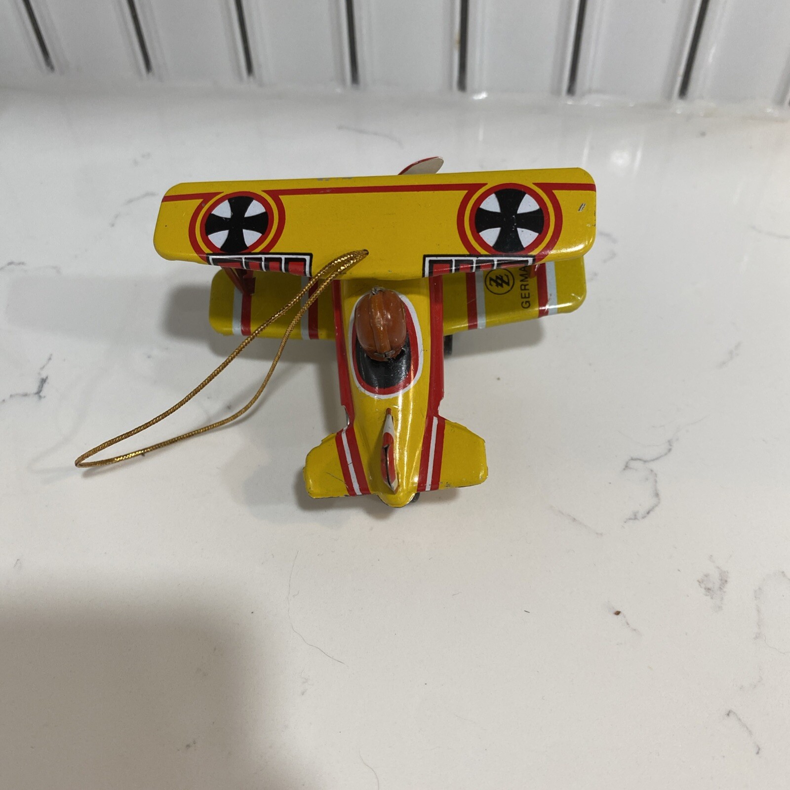 Vintage ZZ Germany Tin Litho Yellow Airplane Ornament #31 Bi-Plane Christmas