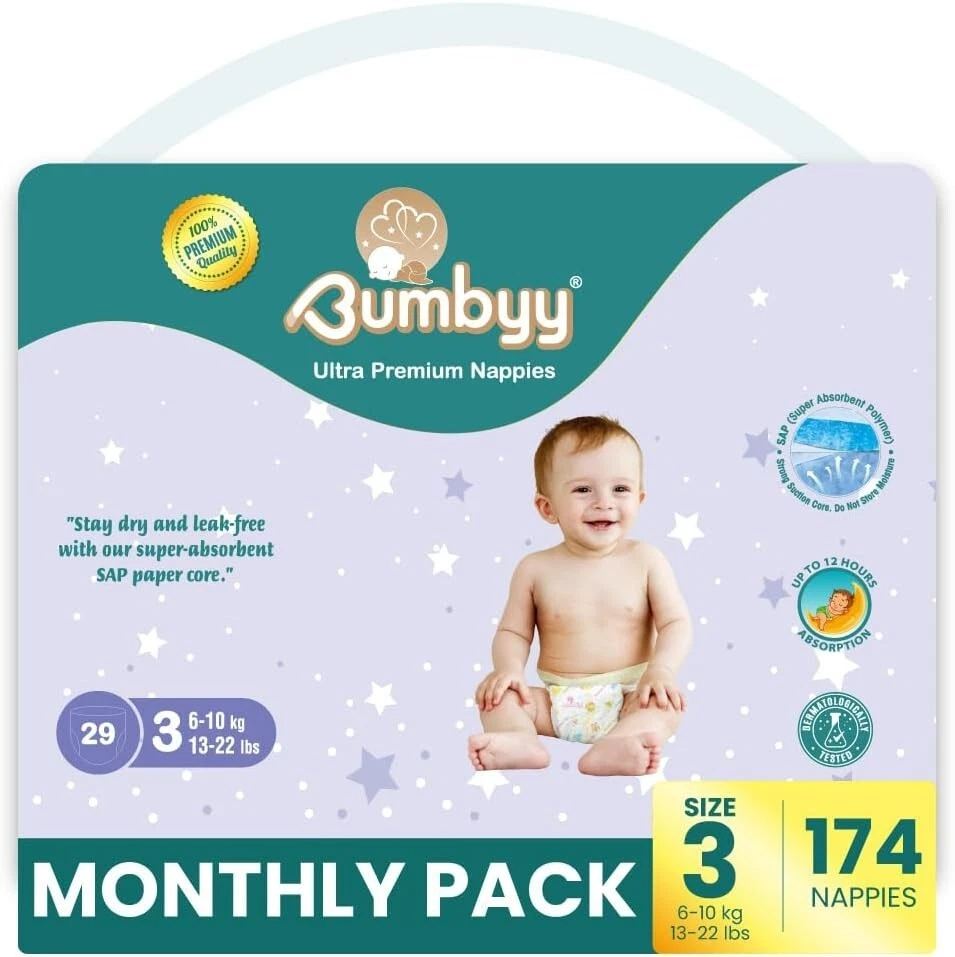 Bumbyy Premium Baby Nappies Size 3 (6-10kg/13-22lbs) -174 Count Savings Pack