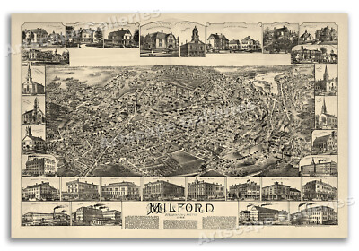 1888 Milford Massachusetts Vintage Old Panoramic City Map - 24x36