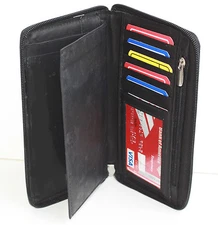 Black Genuine Leather Checkbook Cover Zip Around Clutch Wallet Unisex