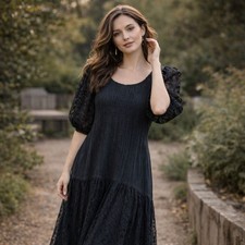 Vtg Salma Calle Black Pleated Lace Puff Sleeve Drop Waist Dress L | Boho Gothic