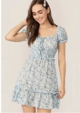 VTG SHEIN Sheer Ditsy Blue Floral Boho Babydoll Fairycore Dress Womens SZ L