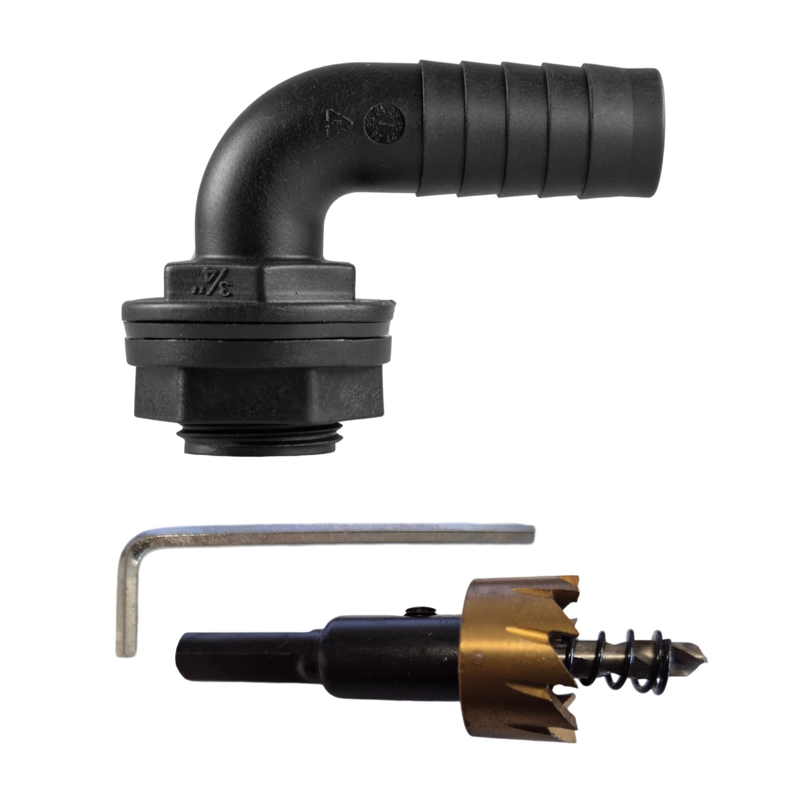 3/4"" Overflow Elbow Hosetail Kit for Water Butts / Rain Barrels + Drill Bit