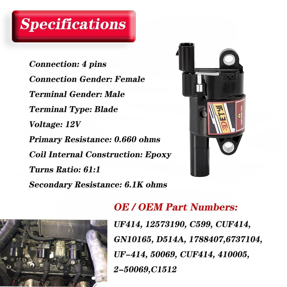 High Performance UF414 Ignition Coil+ Wire Set For 2007-2016 Chevy GMC 5.3L 6.2L - Image 2 of 4