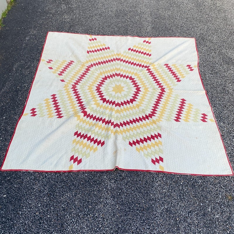 Vintage Handmade Lone Star Quilt Red Yellow White Patchwork Blanket 69x68