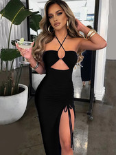 Women's Sexy Ruched Bodycon Halter Criss Cross Cut Out Backless Midi Dresses