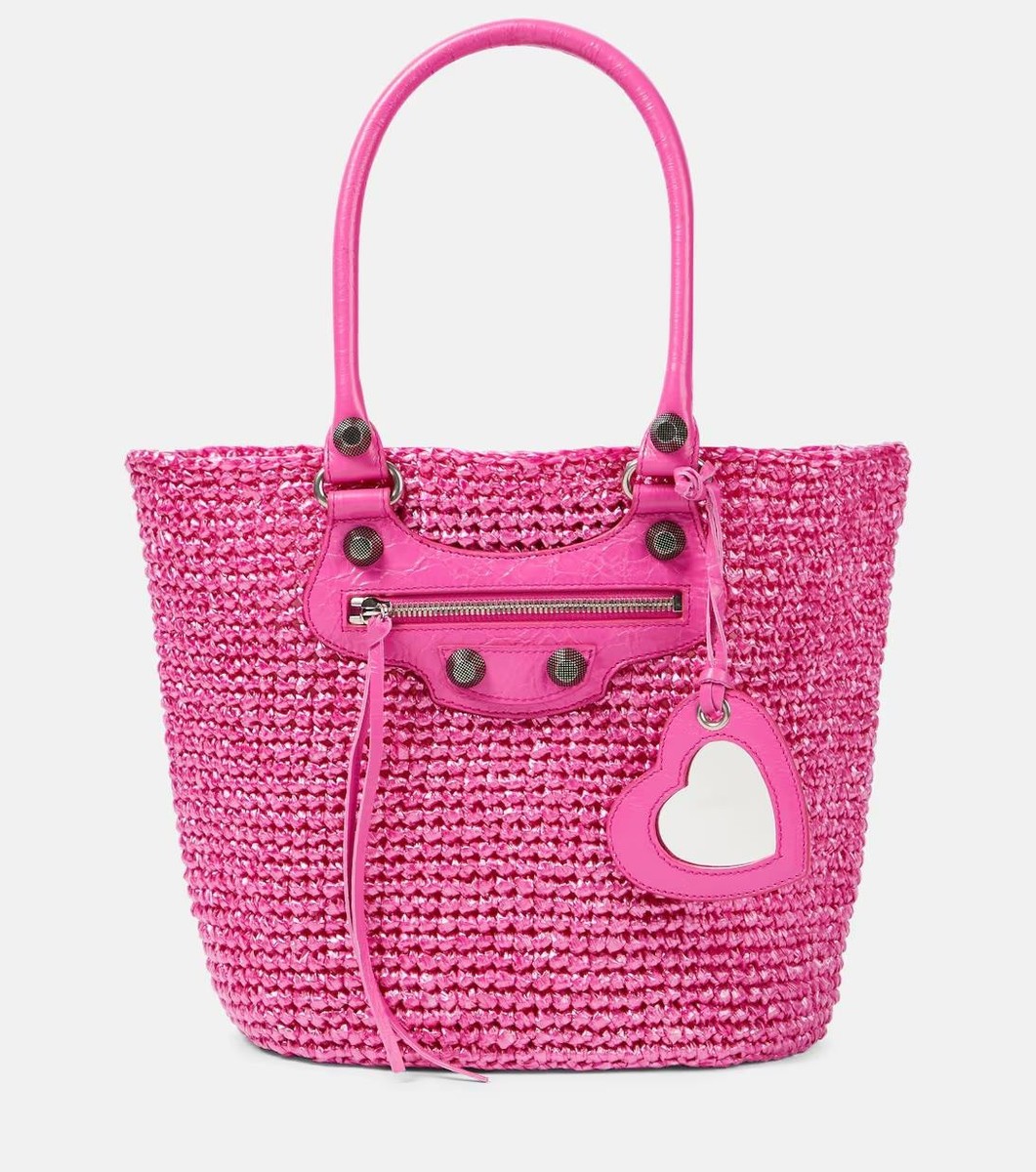 Balenciaga LE CAGOLE Medium Raffia Woven Leather Trim Tote