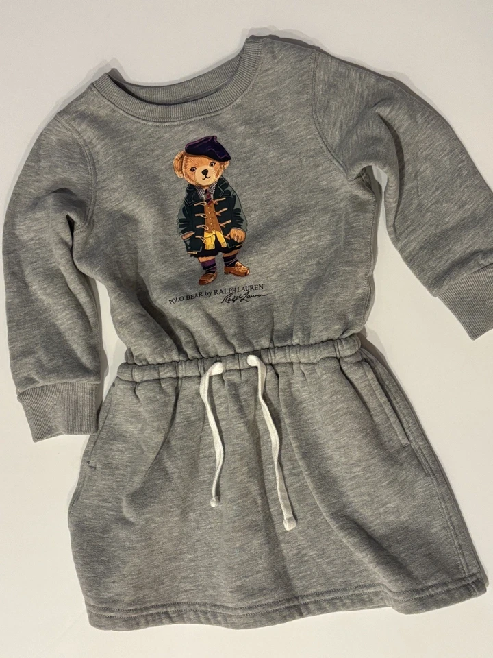 Vestido Ralph Lauren Polo Oso Niñas 2T Académico Oso Gris Algodón Vellón Volantes Foto 2 de 4