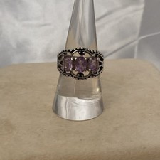 SETA Sterling Silver Triple Oval Purple Amethyst Beaded Trim Band Ring 925 Sz: 8