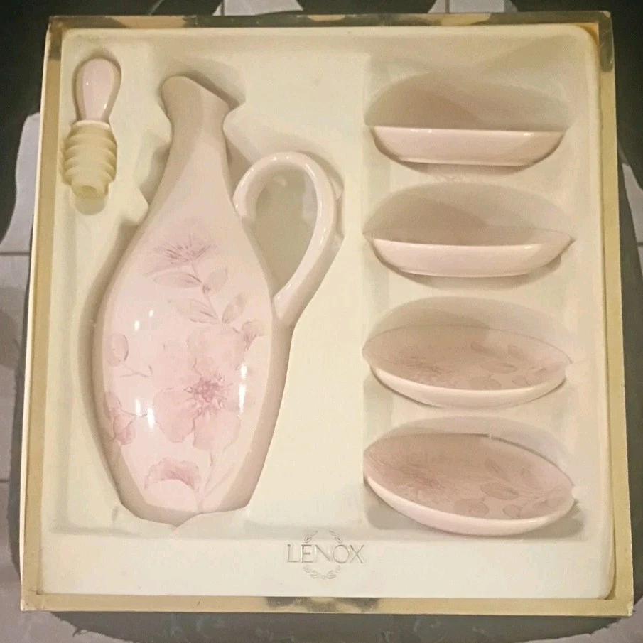 Lenox Thistle Pink Oil Bottle Decanter Pitcher & Dipping Bowls 6