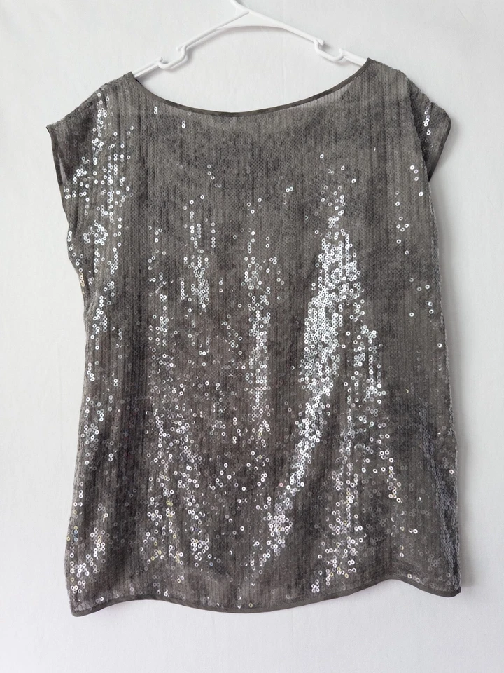 Blusa Eileen Fisher S Gris Lentejuelas Hada Manga Corta 100% Seda Discoteca Foto 3 de 4