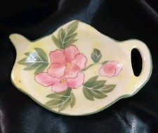 Vintage Tea Bag Rest Holder Genuine Porcelain 4" L Pink Floral Green Yellow VGC