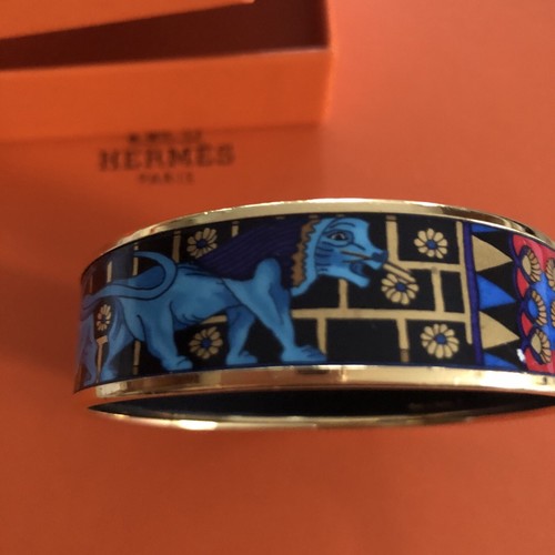 Magnifique Bracelet Hermès Cercle Doré- Email Bleu - Boîte- 7 cm - Éléphants - Bild 7 von 14