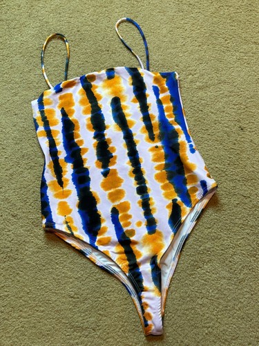 NWT Zara Bodysuit Spaghetti Strap Blue Orange Tie Dye Boho Festival One Piece S - Picture 2 of 6