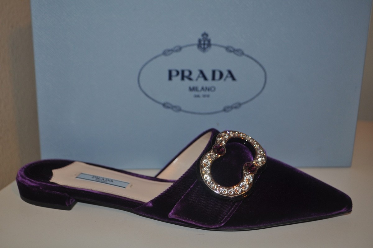 NIB $875+ PRADA Crystal Brooch Mule Flat Shoe Pointy Toe