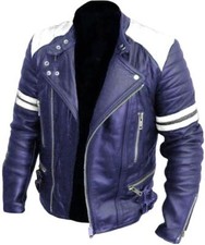 Men's Purple White Trim Genuine Leather Biker Brando Style Motorcycle Jacket