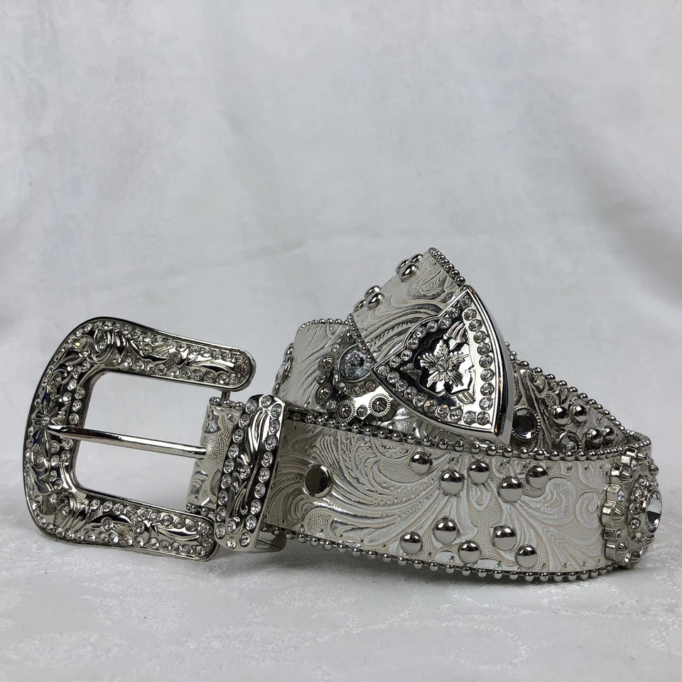 Cinturón Blazin Roxx Bling. Leer por talla. Tachuelas florales blancas/plateadas con diamante sintético Foto 2 de 4