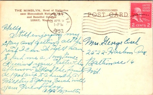 Luray Virginia the Mimslyn Hotel - Albertype Hand Colored Postcard 1952 - Picture 2 of 2