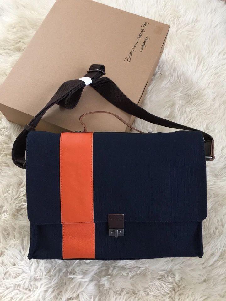 NUEVO Bolso Mensajero Pottery Barn Bradley Cuero Lona Bolso de Mano para Computadora Azul Marino Naranja Foto 2 de 4