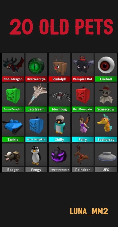 SET BUNDLE 20 OLD PETS MM2 🌙 OVERSEER EYE, TANKIE, UFO, PENGY, JETSTREAM, MECHBUG Ect 🌙