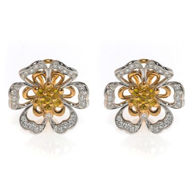 Luca Carati 18K Rose & White Gold Yellow Sapphire Diamond Flower Earrings
