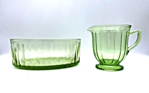 Vintage Green Depression Glass - Oval Butter Dish (no lid) and Creamer