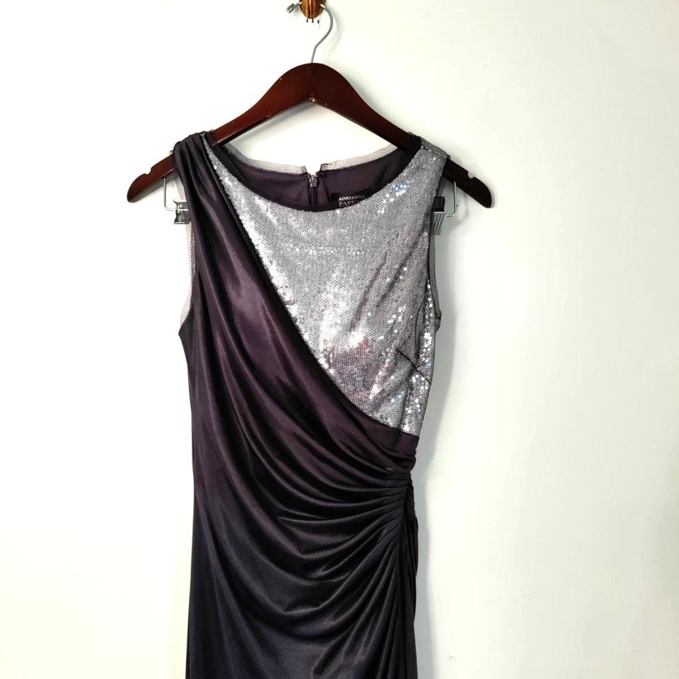 Adrianna Papell 6 Gray & Silver Sequin Split Ruche Evening Wedding Formal Gown - Image 3 of 4