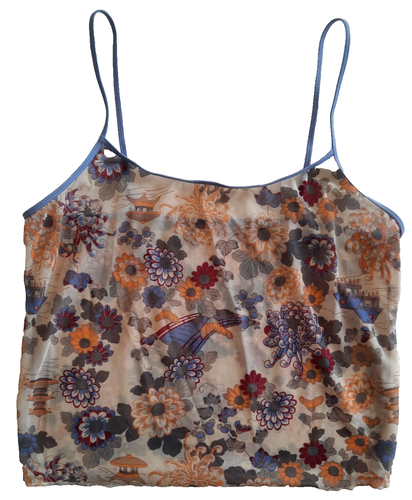 Vintage 90s Y2K Colorful Floral Mesh Cami Tank Top Large Adjustable Straps