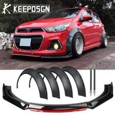 For 16-22 Chevy Spark Black Front Bumper Lip Splitter 4x Fender Flares + 2x Rods