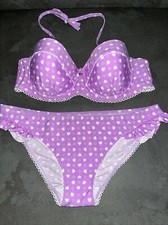 Ladies Lilac White Heart Floozie Frost French Bikini Size 8 Bottoms 32DD Top