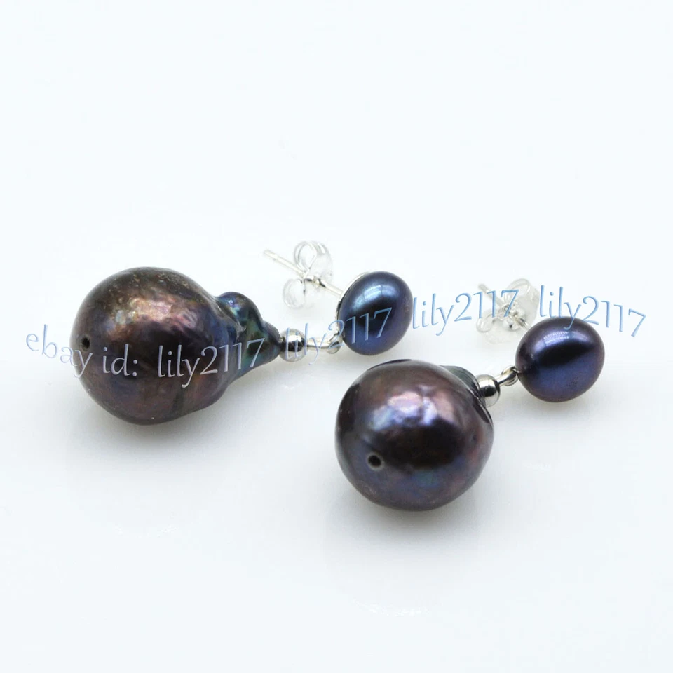 ENORMES ARETES COLGANTES DE PLATA PERLA BARROCA KESHI NEGRA NATURAL REAL DE 16-20 MM Foto 4 de 4