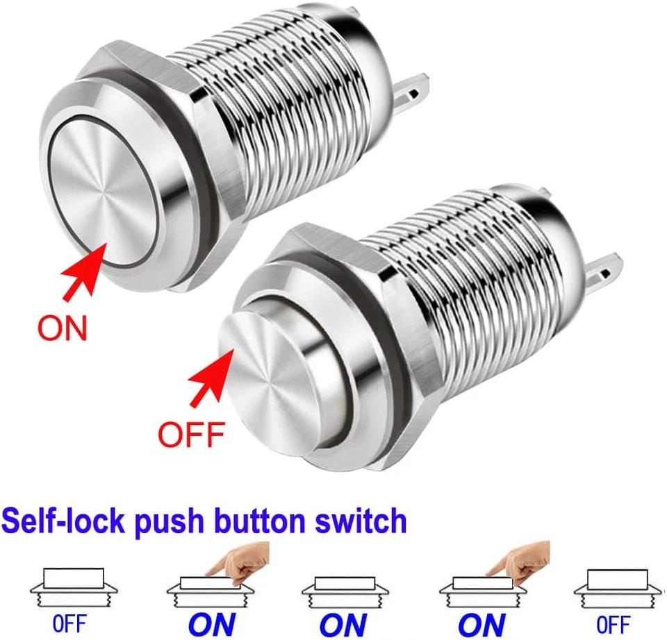 4pcs 12mm Waterproof Push Button Switch | On-Off Latching Nickel 3A 12V-250V - Image 3 of 4