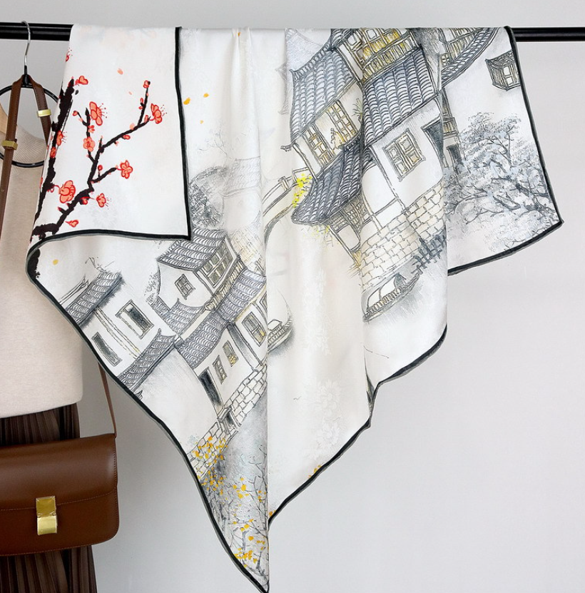 100% Silk Wrap Scarf Square Bandanna Double Face Red Apricot Print Shawl 43''