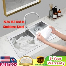 Drop-In Stainless Double Bowl Kitchen Laundry Utility Sink w/ Washboard Faucet