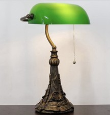 Banker Lamp Green Glass Shade Bronze Base Pull Chain Traditional Plug-In