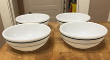 Set of 4 Vintage Pyrex White Glass With Teal Blue Band Cereal Soup Bowl #705-5