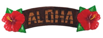 COLORFUL HAND CARVED AND PAINTED WOOD HAWAIIAN HIBISCUS ALOHA SIGN 21'' LONG