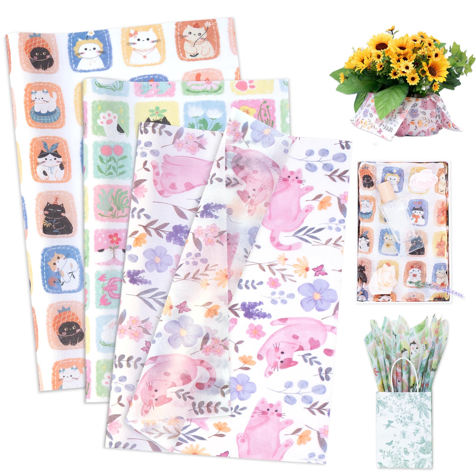 Papier de soie motif chat bicolore souple pour origami et loisirs