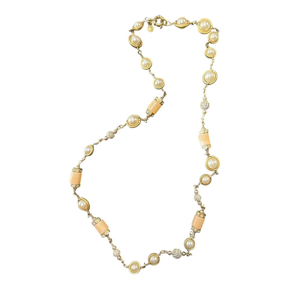 J. CREW Vintage Gold Tone Pearl Crystal Pink Beaded Necklace JC235 - Image 2 of 4