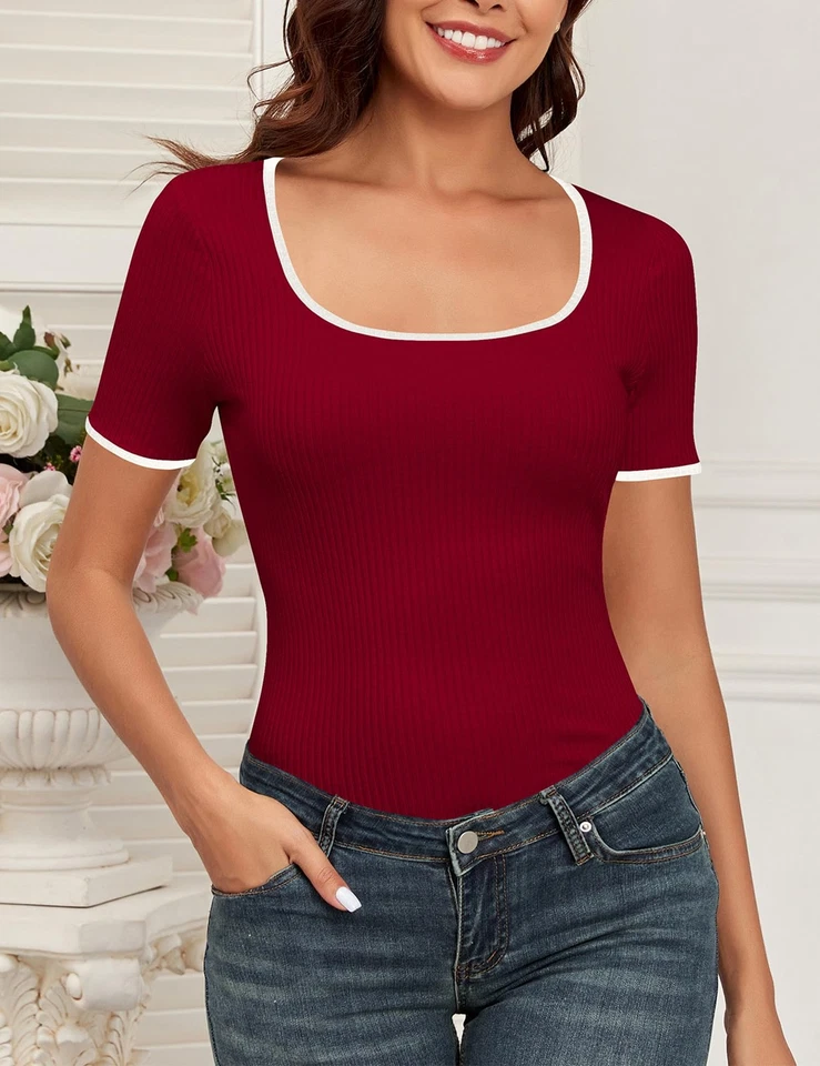 T-shirt pour femme à encolure carrée ajustée manches courtes rouge XL - Photo 2/4