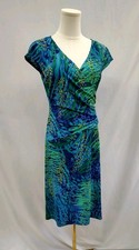 Vintage Evan Picone Dress Y2K Slinky Jersey Faux Wrap Sheath Blue Floral Sz 10