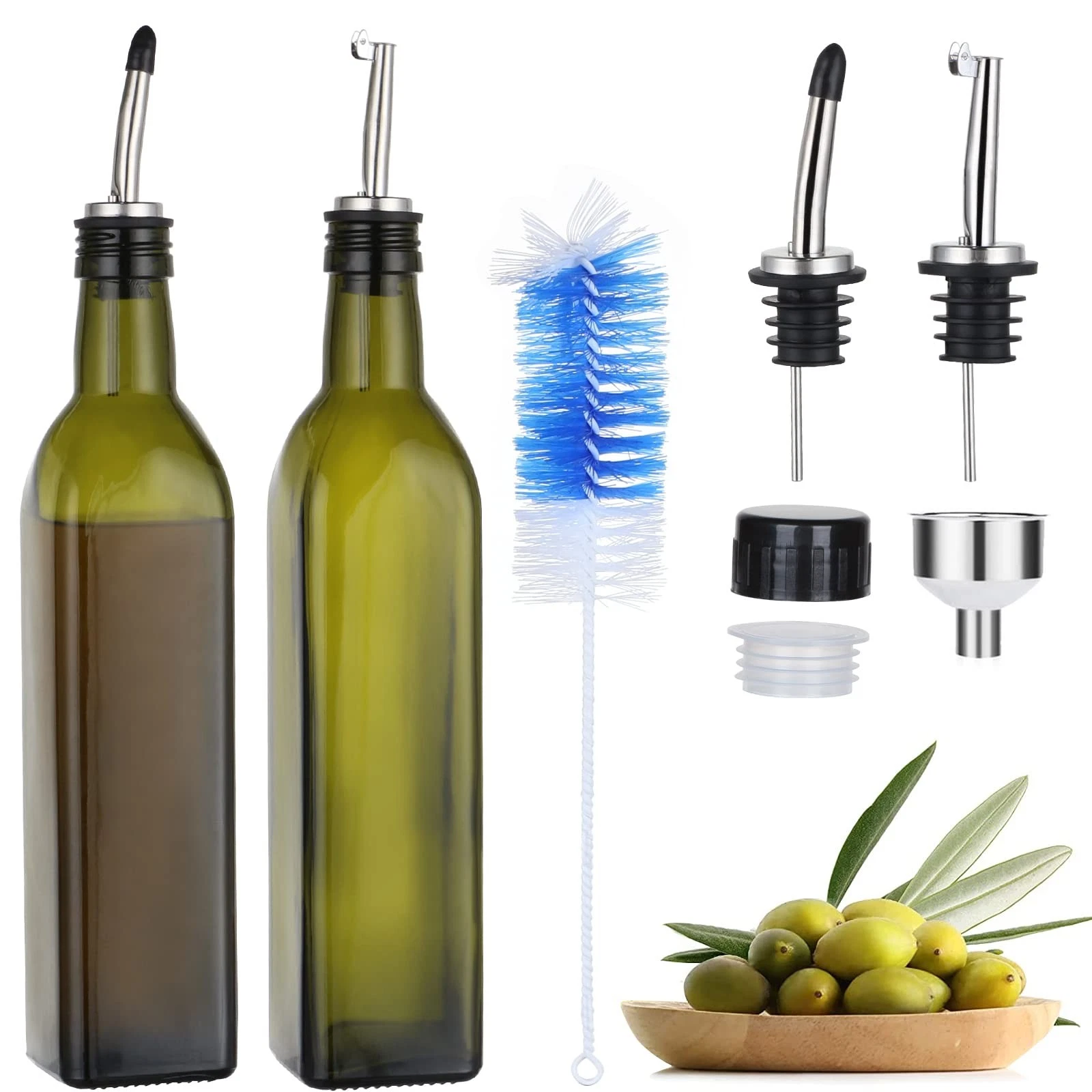2PCS Olive Oil Bottle 500ML Oil Bottle with Pourer, Brush, Oil Dispenser, O...
