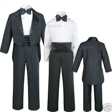 Baby Toddler Teens BOY WEDDING FORMAL Black Ivory Cummerbund TAIL TUXEDO SUIT