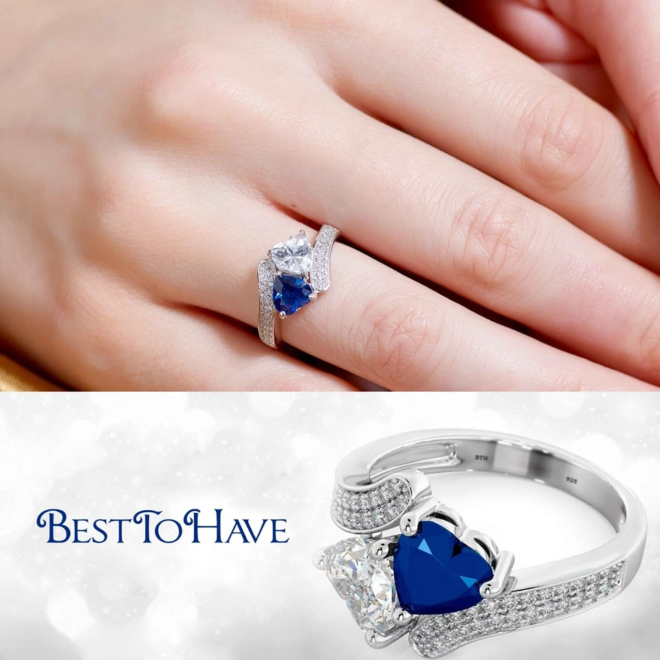 Genuine 925 Silver Ladies Sapphire Blue Heart Wedding Engagement Bridal Ring  - Image 2 of 4