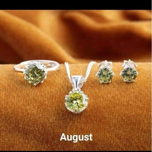 Sterling Silver Round Green Peridot August Birthstone Pendant Ring With Earring - Picture 2 of 4