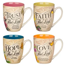 Novelty Floral Ceramic Scripture Coffee & Tea Mug Set: Hope, Trust, Faith, Love