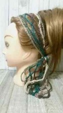 crochet womans handmade boho headband gypsy hair scarf teal blue USA