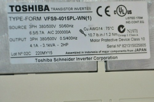 VFS9-4015PL-WN Toshiba 4.1A 460V 2HP VFS9 -SA - Picture 2 of 2